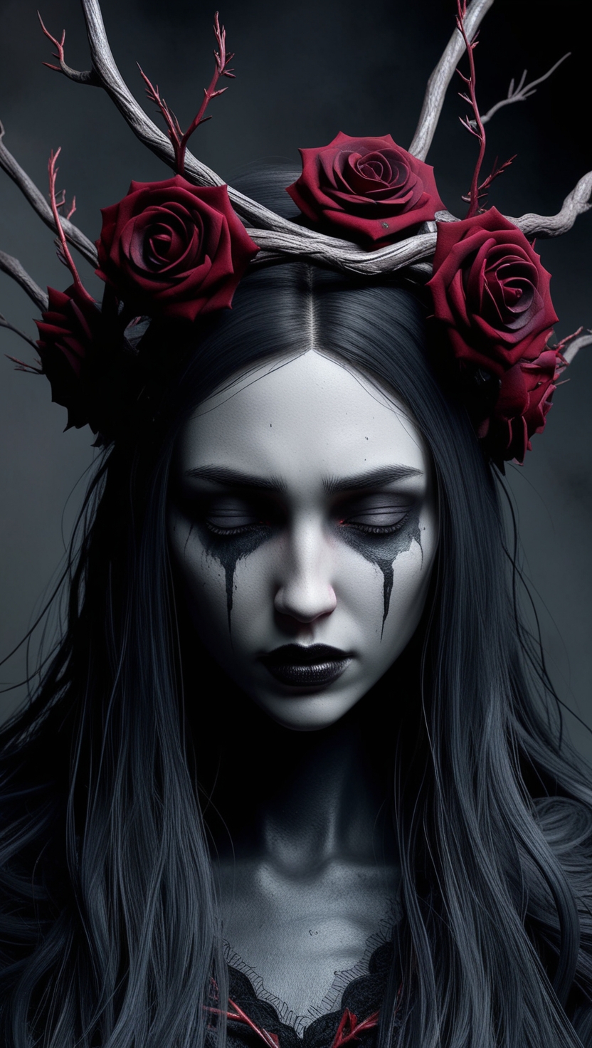 Captivating Dark Fantasy Art Wallpaper: Young Woman with a Melancholic Expression