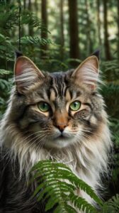 Warrior Cat: Majestic Long-Haired Feline in a Lush Forest