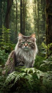 Warrior Cat: Majestic Long-Haired Feline in a Lush Forest