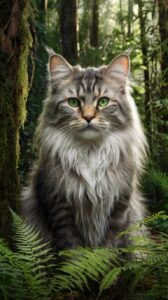 Warrior Cat: Majestic Long-Haired Feline in a Lush Forest