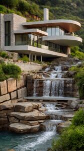 Modern House with Waterfalls Wallpaper