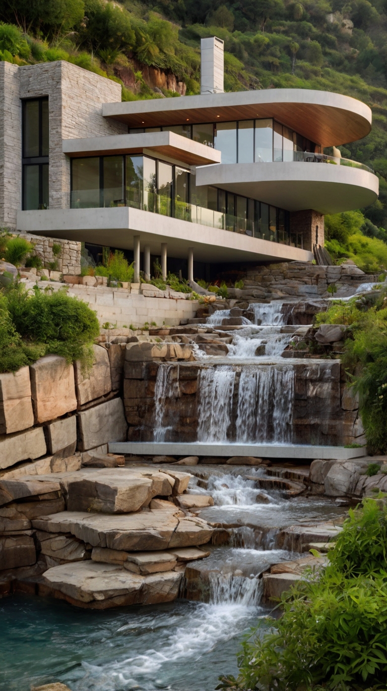 Modern House with Waterfalls Wallpaper: Harmony of Architecture and Nature