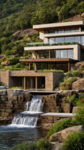 Modern House with Waterfalls Wallpaper