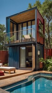 Modern Shipping Container Home Designs: Sleek Two-Story House with Pool and Balcony