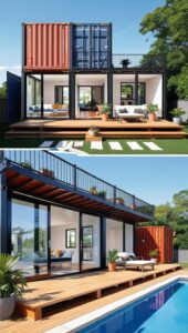 Modern Shipping Container Home Designs: Sleek Two-Story House with Pool and Balcony