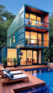 Modern Shipping Container Home Designs: Sleek Two-Story House with Pool and Balcony