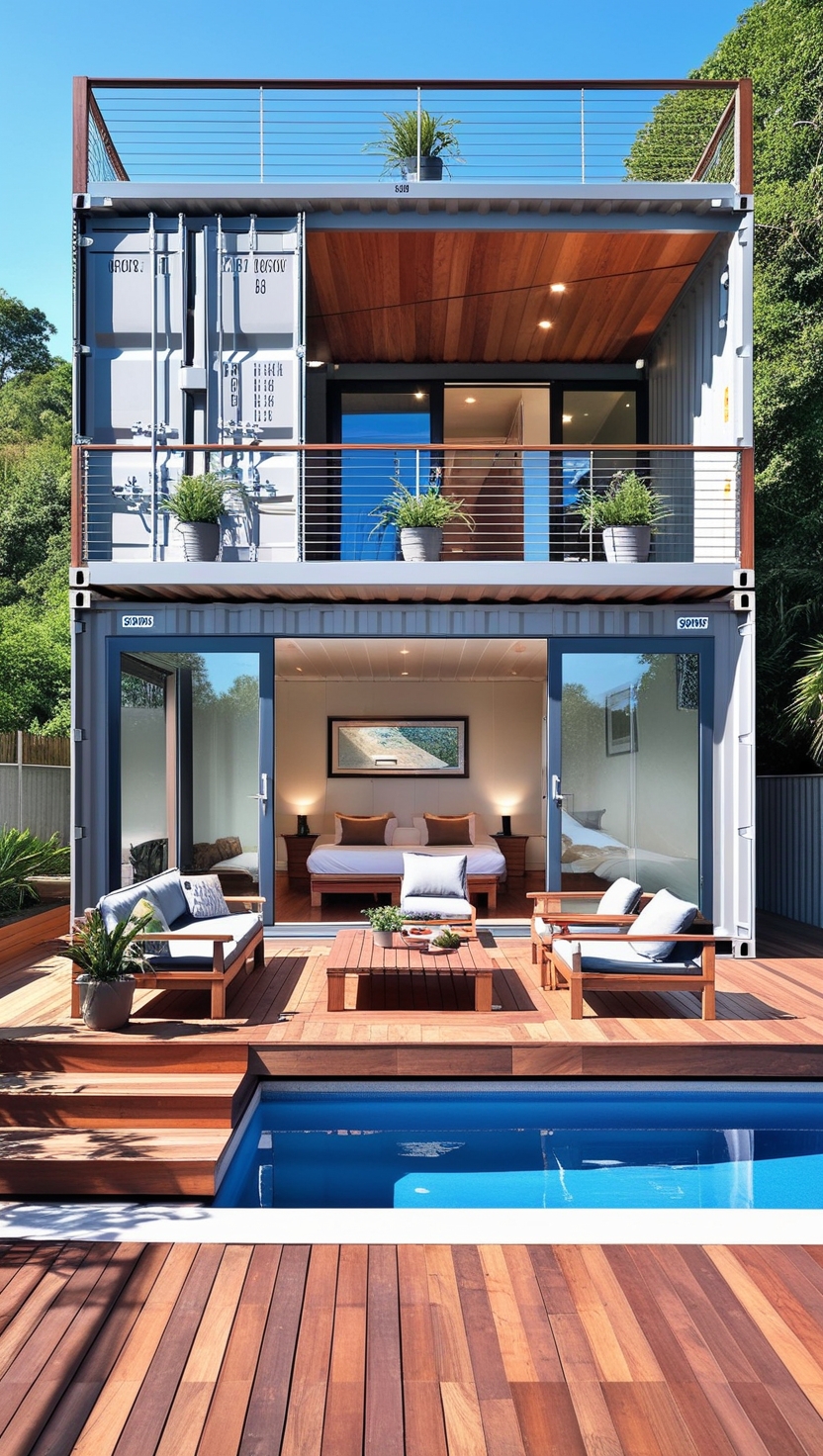 Modern Shipping Container Home Designs: Sleek Two-Story House with Pool and Balcony