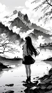 Anime Monochrome Aesthetic Background: Girl in Stunning Natural Landscape