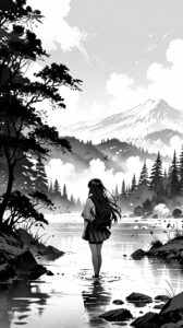 Anime Monochrome Aesthetic Background: Girl in Stunning Natural Landscape