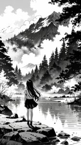 Anime Monochrome Aesthetic Background: Girl in Stunning Natural Landscape