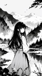 Anime Monochrome Aesthetic Background: Girl in Stunning Natural Landscape