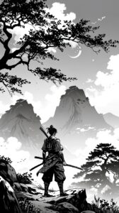 Anime Monochrome: Samurai Under the Lush Tree