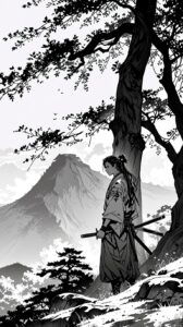 Anime Monochrome: Samurai Under the Lush Tree