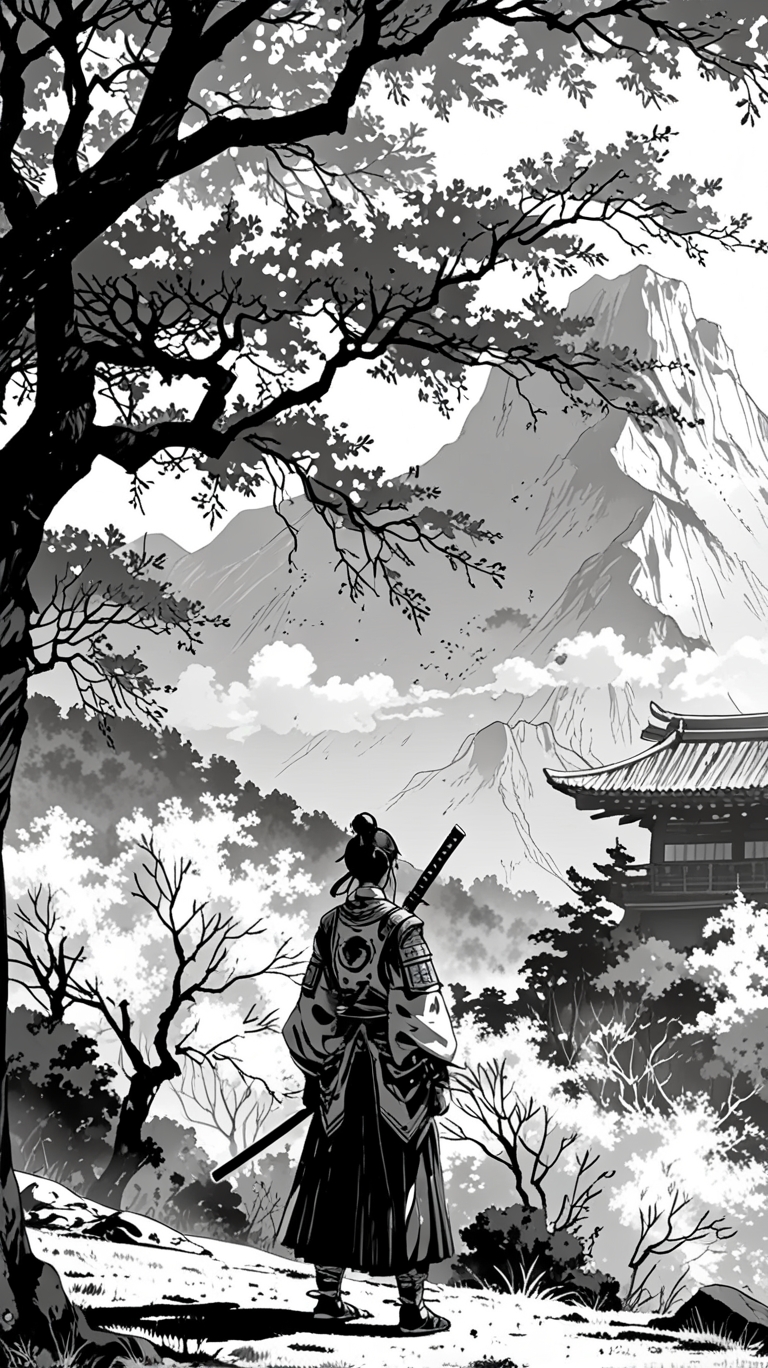 Anime Monochrome: Samurai Under the Lush Tree