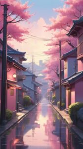 Serene Urban Street After Rain with Cherry Blossoms - Background Pink