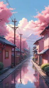 Serene Urban Street After Rain with Cherry Blossoms - Background Pink