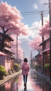 Serene Urban Street After Rain with Cherry Blossoms - Background Pink