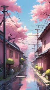 Serene Urban Street After Rain with Cherry Blossoms - Background Pink