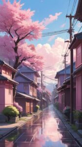 Background Pink - Serene Urban Street After Rain with Cherry Blossoms