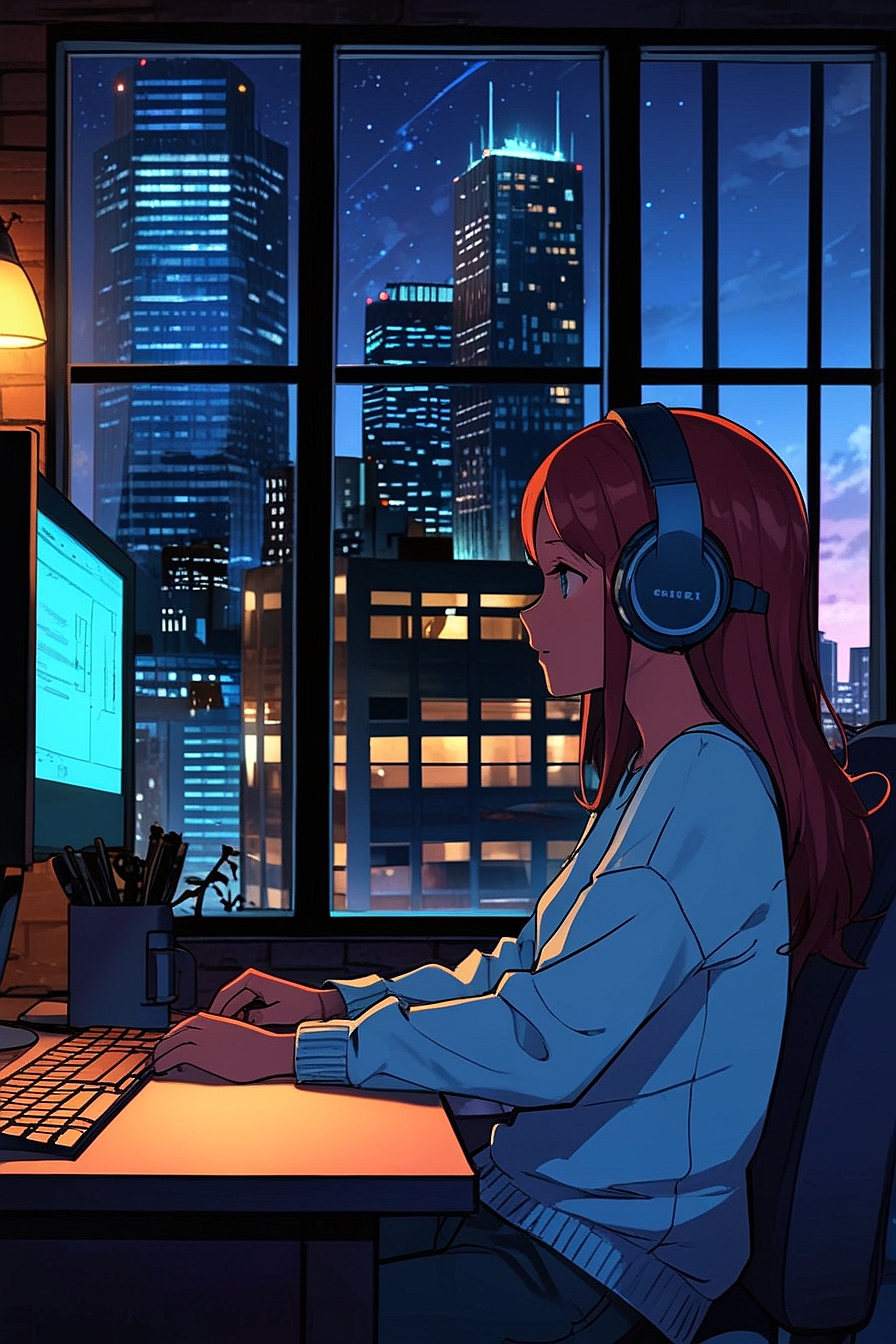 Anime Girlies: Relaxing Evening with Music and Cityscape Views