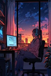 Anime Girlies: Relaxing Evening with Music and Cityscape Views