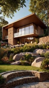 Modern brick house with glass balcony and forest view