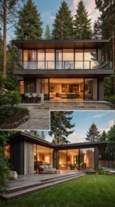 Cozy two-story house with large windows in a forest