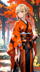 Side view of anime character in autumnal kimono