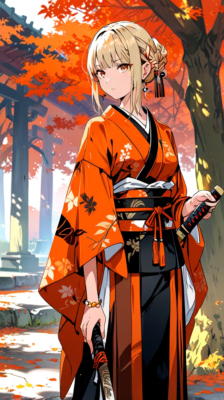 Adorable Blonde Anime Character in Autumnal Kimono