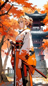 Blonde anime character with intricate sword design