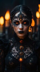 Intricate black lace attire, dark fantasy enchantress