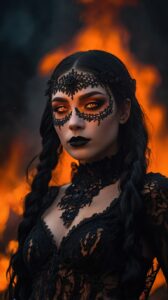 Dark fantasy enchantress with glowing eyes and fiery aura