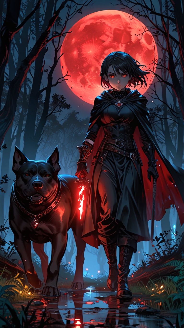 Anime Aesthetic: The Eerie Wanderer and Her Guardian in the Red Moon Forest