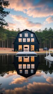 Modern Black Barn House with Snow-Capped Forest at Sunset