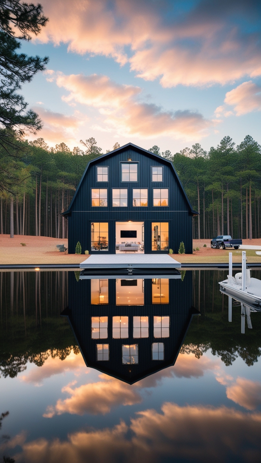 Modern Black Barn House by the Lake at Sunset