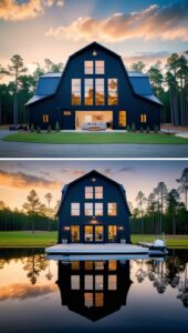 Modern Black Barn House with a Flower Garden by the Lake at Sunset