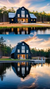 Modern Black Barn House with Outdoor Living Space by the Lake at Sunset