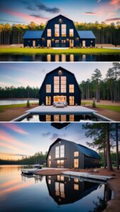 Modern Black Barn House with a Mountain View at Sunset