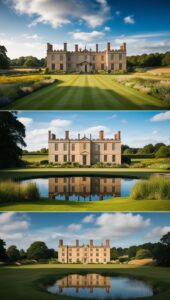 English manor house with meadows and pond under a blue sky