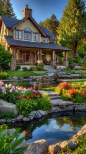 Morning Light on Cottage Mansion in Flower Garden