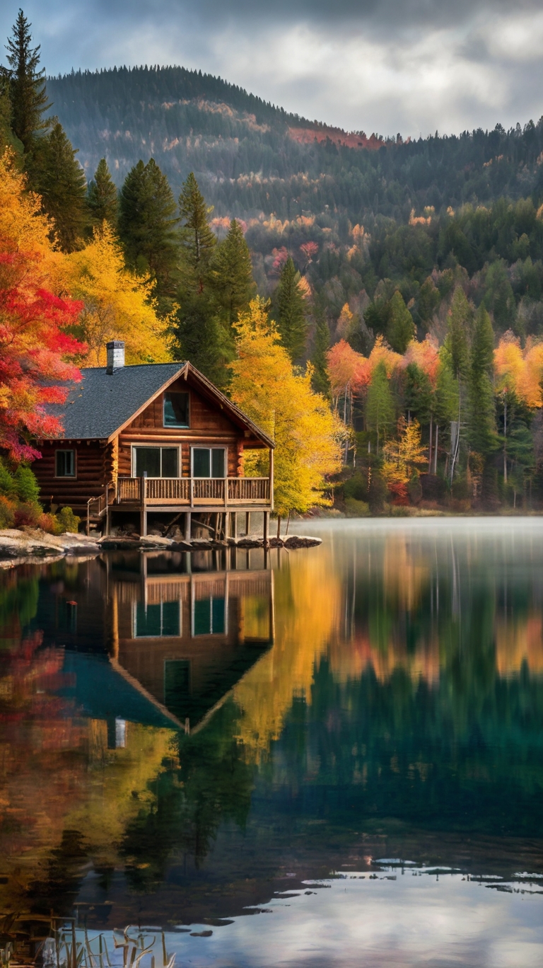 Tranquil Retreat: A Serene Lake Cabin Surrounded by Autumn Splendor