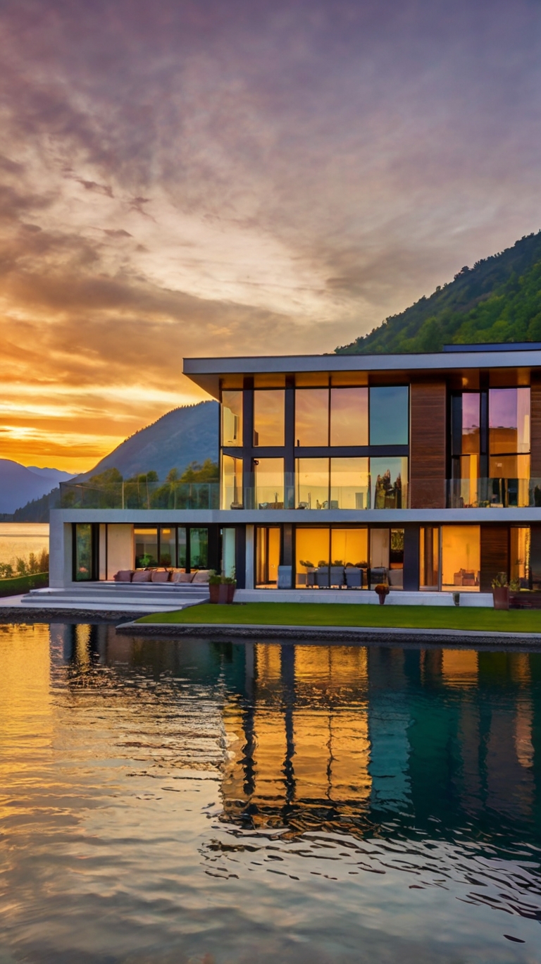 Stunning Sunset View of a Luxury House Mansion by the Lakeside