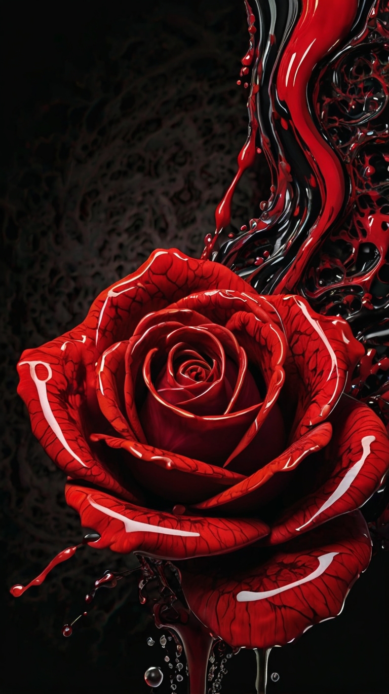 Abstract Rose in Red and Black Liquids