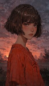 Dramatic Anime Wallpaper: Bob-Haired Heroine at Sunset